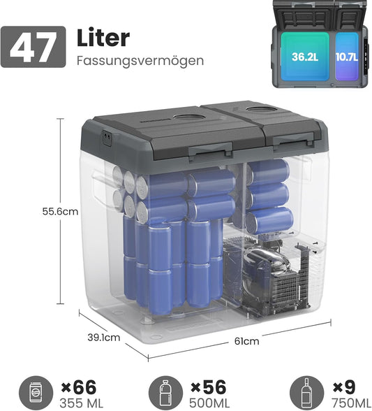 Alpicool 47L KLS58 Kompressor Kühlbox Dual Zone Mit App-Steuerung, 2026 NEU Kühlbox 12V 230V Kompressor, Auto Kühlschrank Für Camping, Fahrten, LKW, Reisemobil, -20℃-20℃, Mit Eiswürfelform, Schwarz